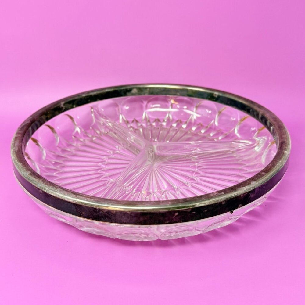 Vintage 1970s Leonard Silver Rim Crystal Divided Bowl - Picture 2 of 4
